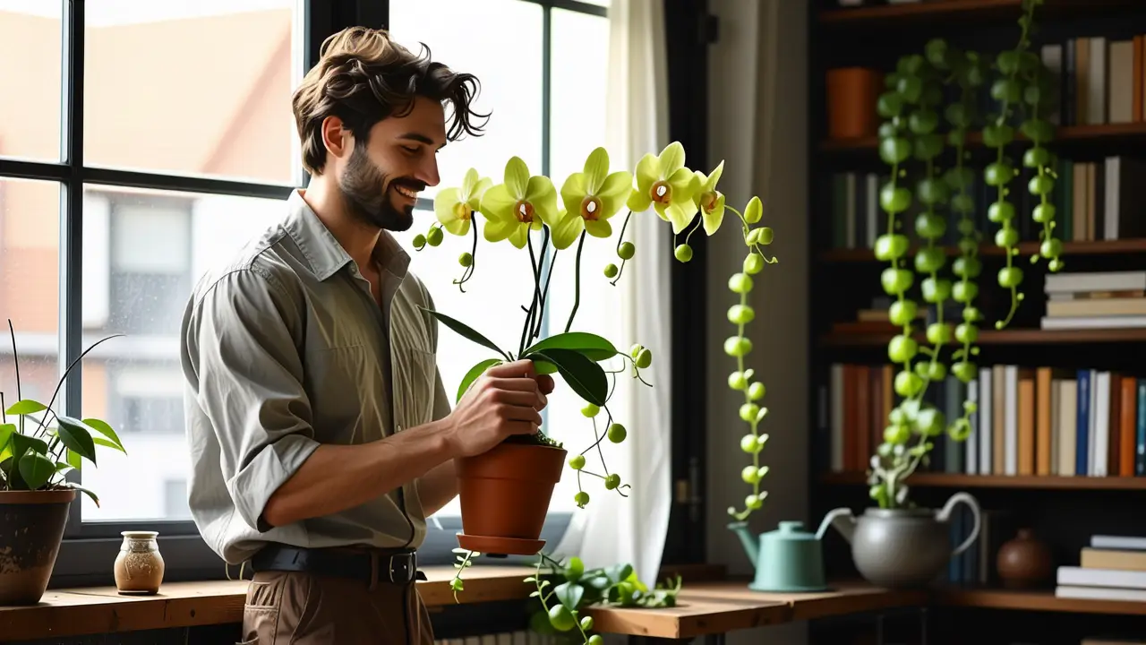 Un hombre contempla una orquídea en un ambiente sereno