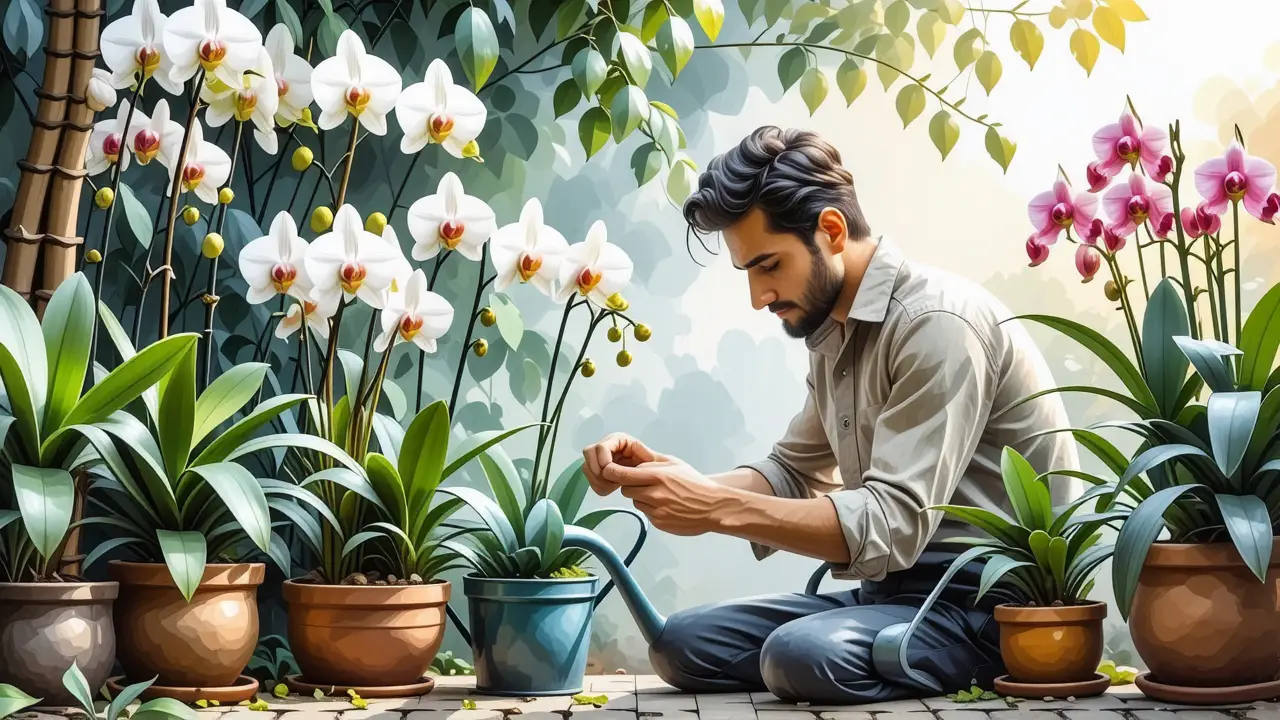 Un hombre pensativo riega orquídeas en un jardín sereno