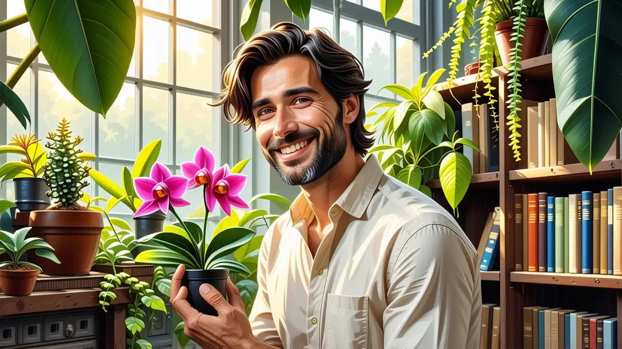 Un hombre amable sostiene una orquídea en luz cálida