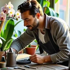 Un hombre pensativo cuida orquídeas en luz cálida