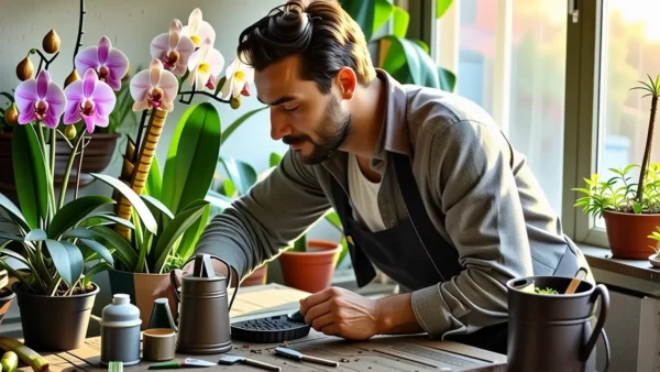 Un hombre pensativo cuida orquídeas en luz cálida