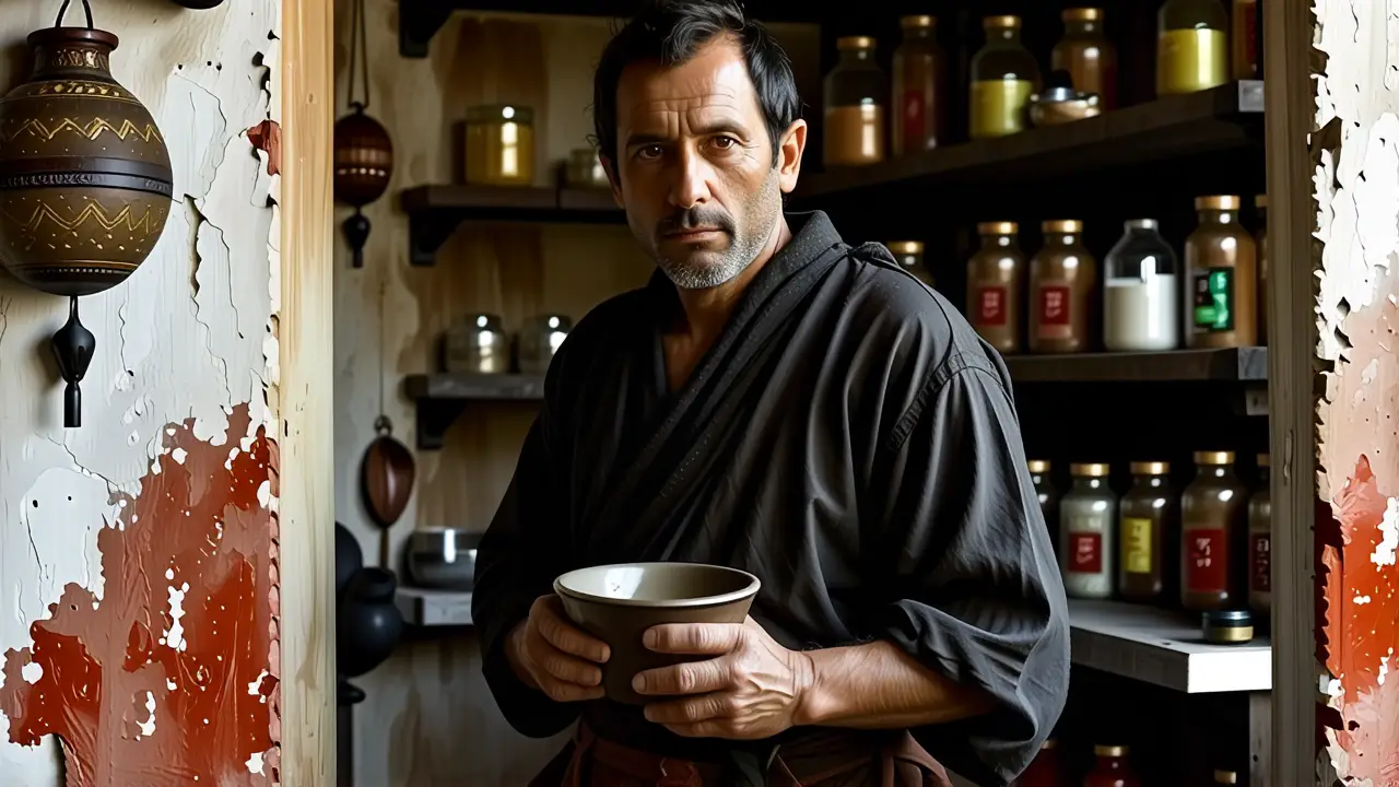 Un hombre serio pinta en una cocina rústica