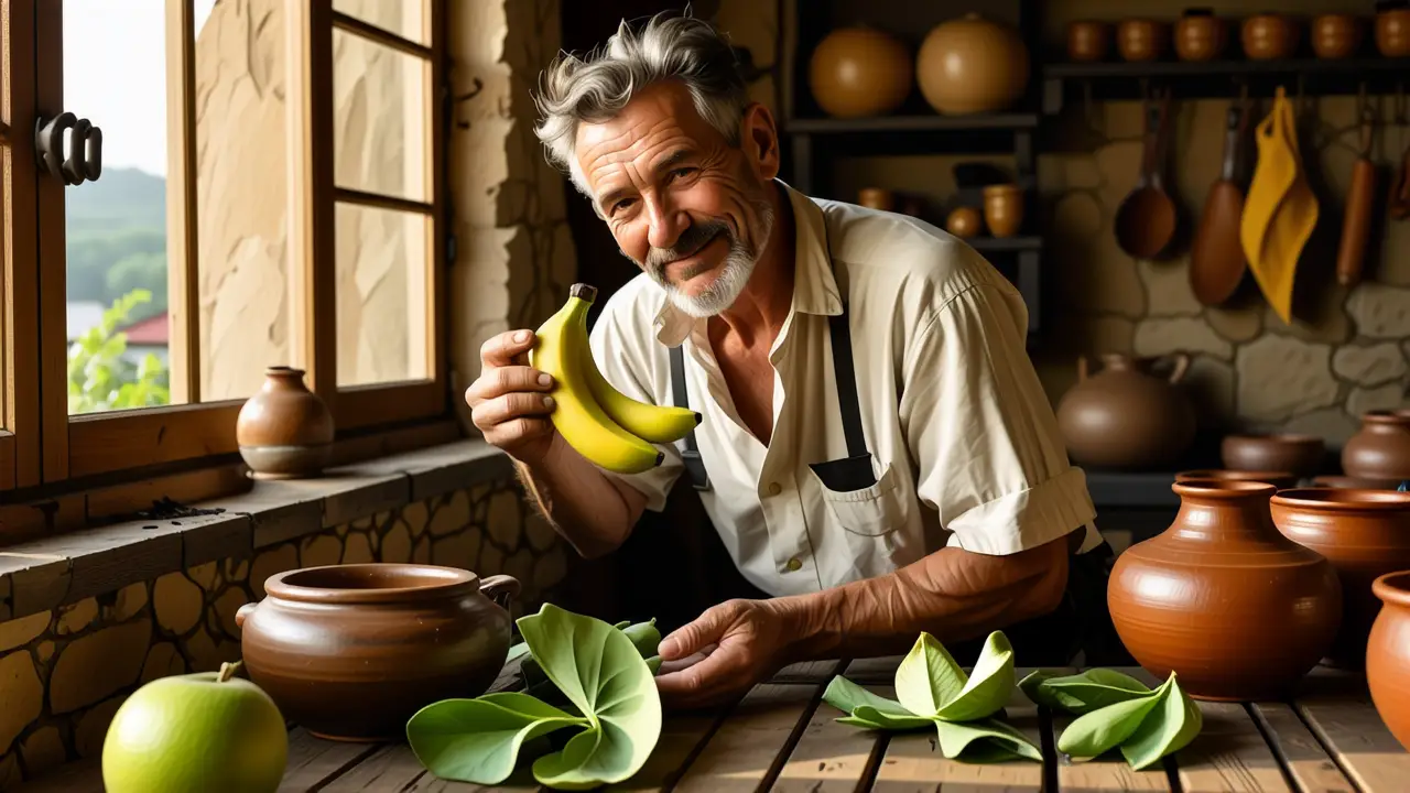 Un hombre contemplativo ofrece una banana en un ambiente cálido y rústico