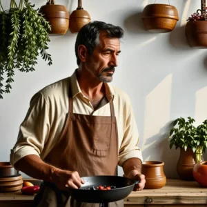 Un hombre pensativo en cocina española rústica