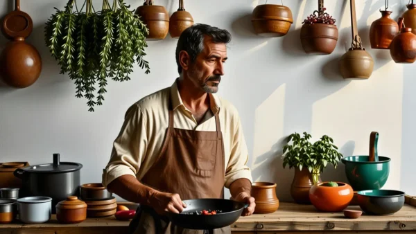 Un hombre pensativo en cocina española rústica