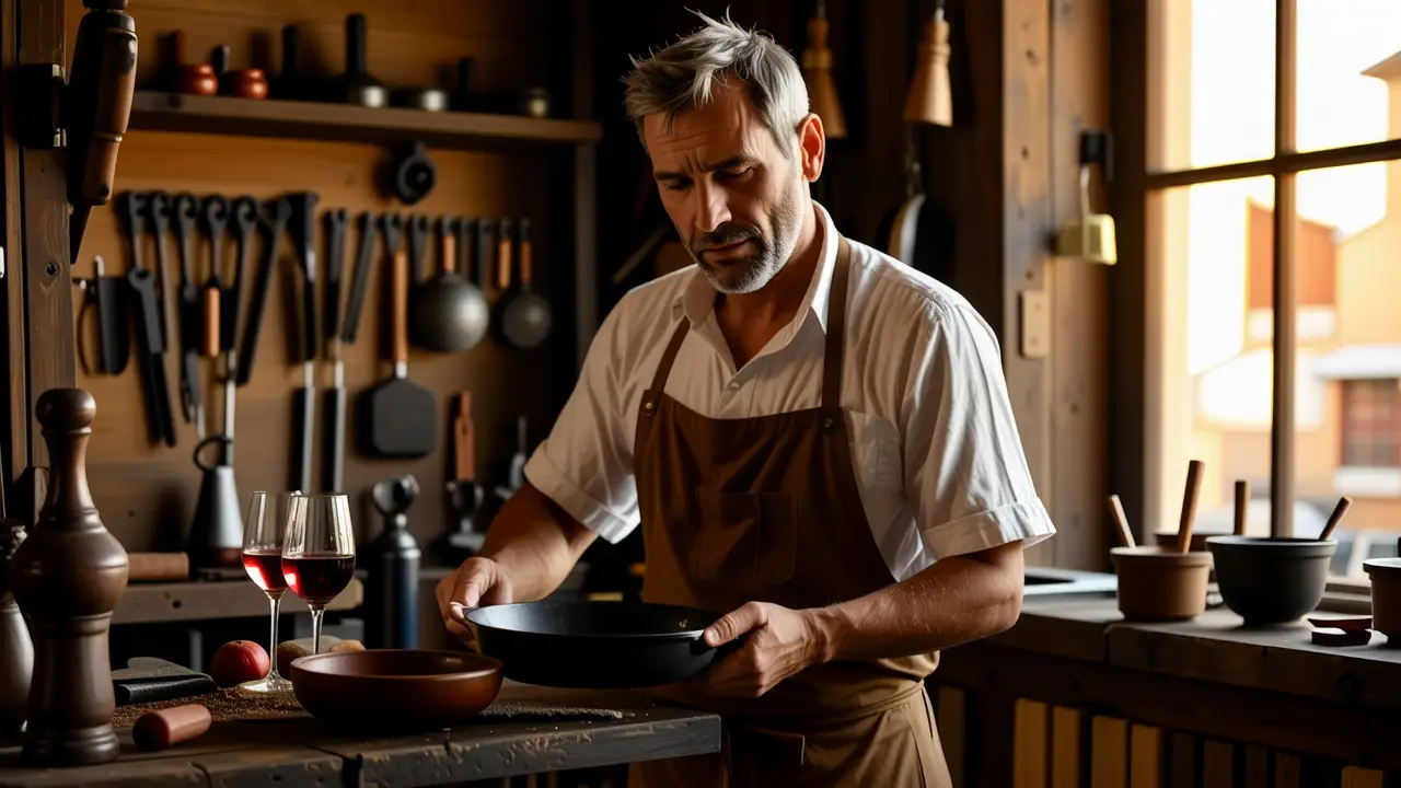 Un hombre español polimenta una sartén en su taller