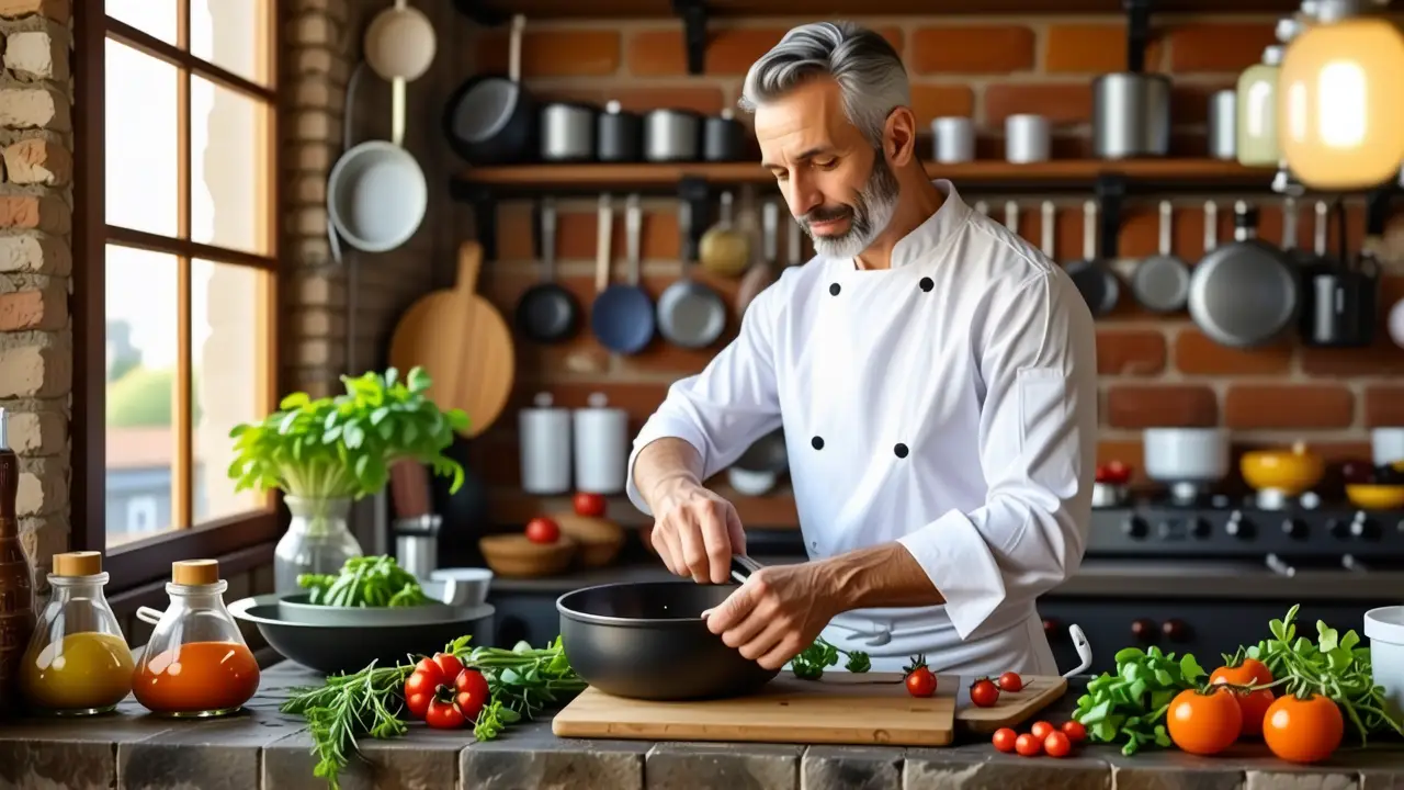 Un hombre en cocina realista y cálida
