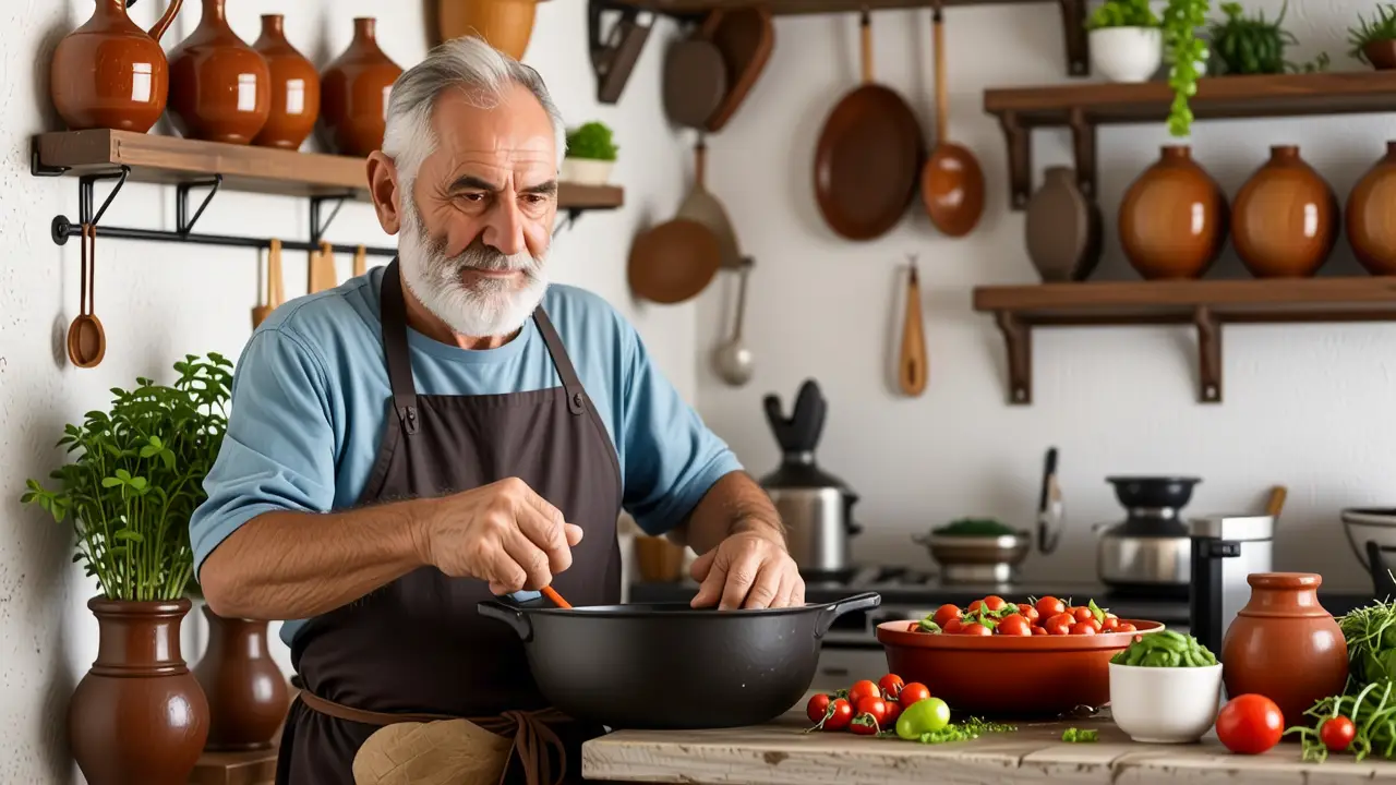 Un hombre español examina una sartén en cocina rústica