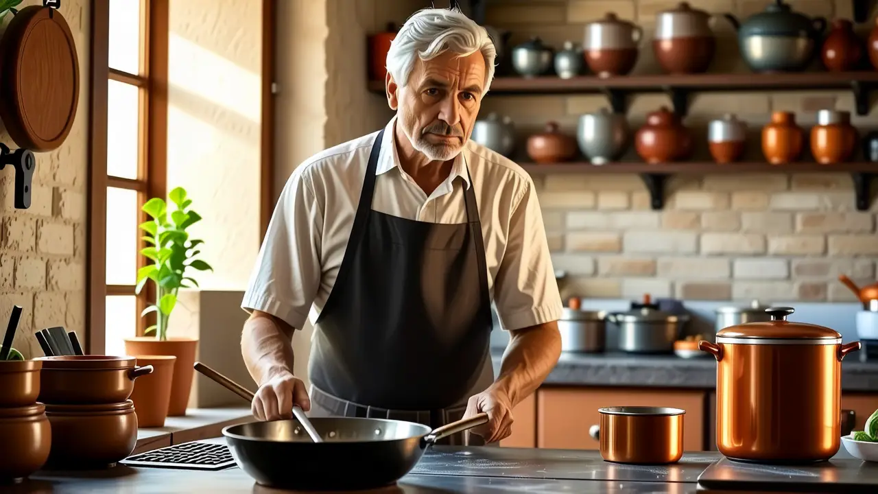 Un hombre pensativo sostiene utensilios en cocina cálida