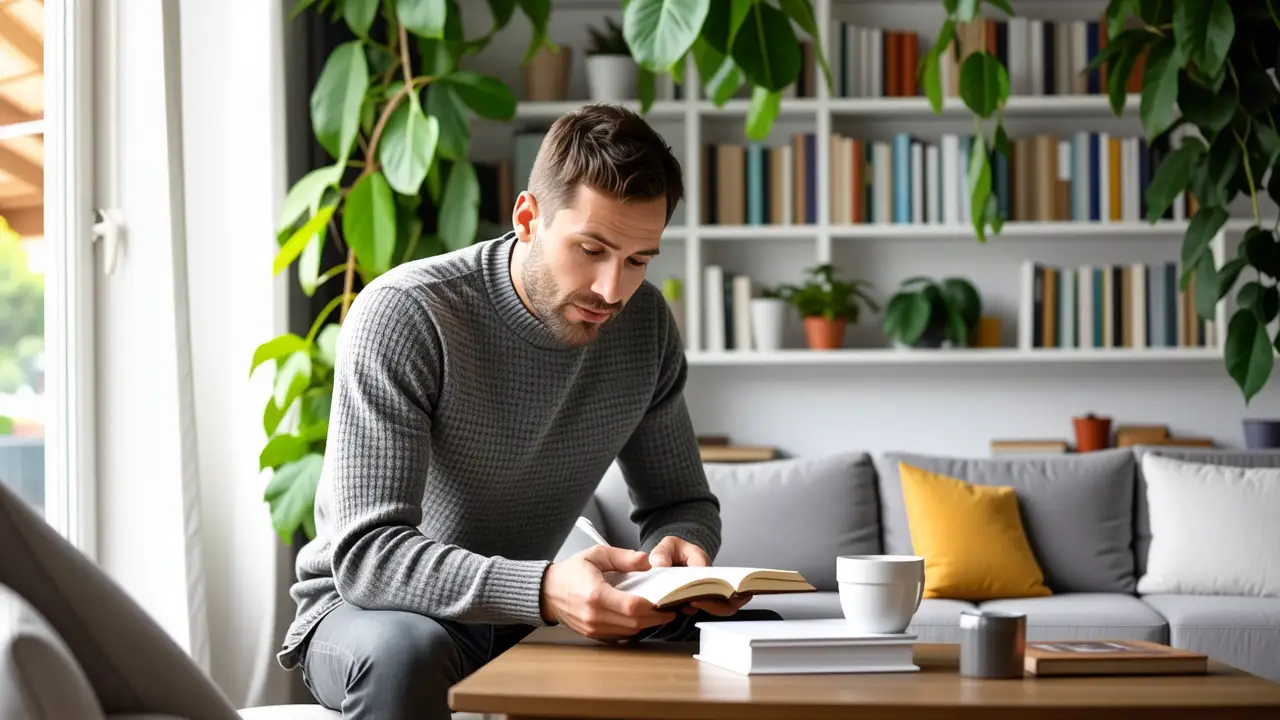 Decluttering: Significado y Consejos para tu Hogar 3 Un hombre pensativo en un hogar escandinavo cálido