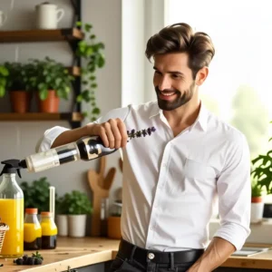 Un hombre tranquilo prepara productos naturales en cocina