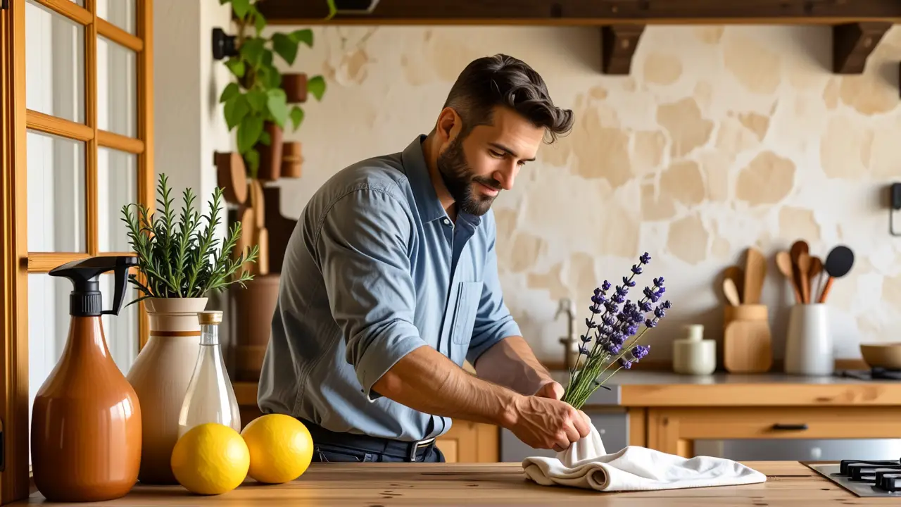 Un hombre español limpia con calma en casa