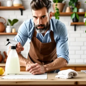 Desinfectar Superficies: Guía para la Higiene en Casa 9 Un hombre español limpia con cuidado