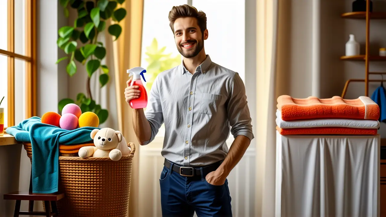 Hombre limpiando con cuidado en casa