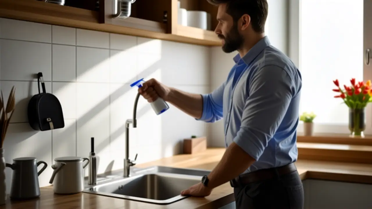 Un hombre pensativo limpia una cocina cálida