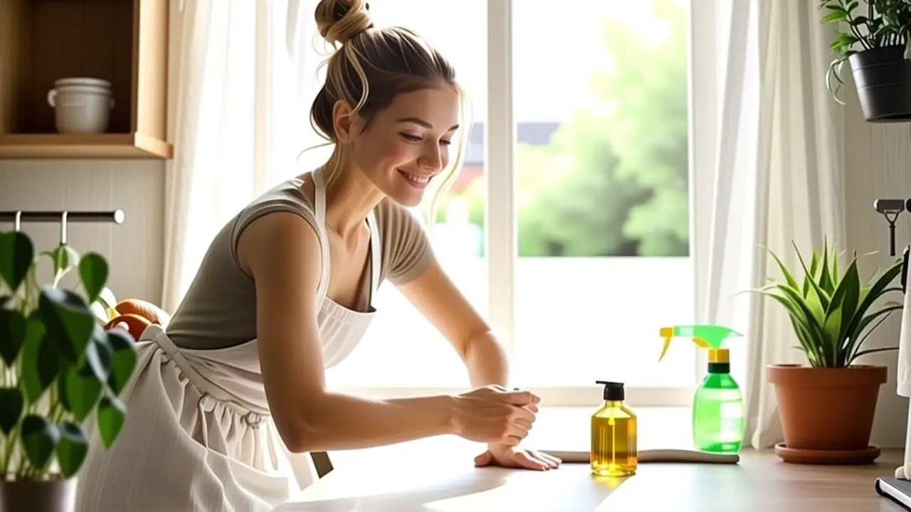 Mujer blanca sonríe en cocina cálida