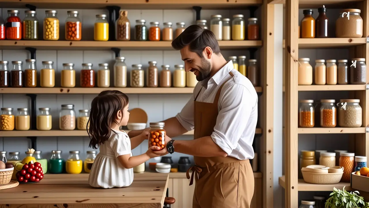 Un hombre pensativo organiza una cocina rústica