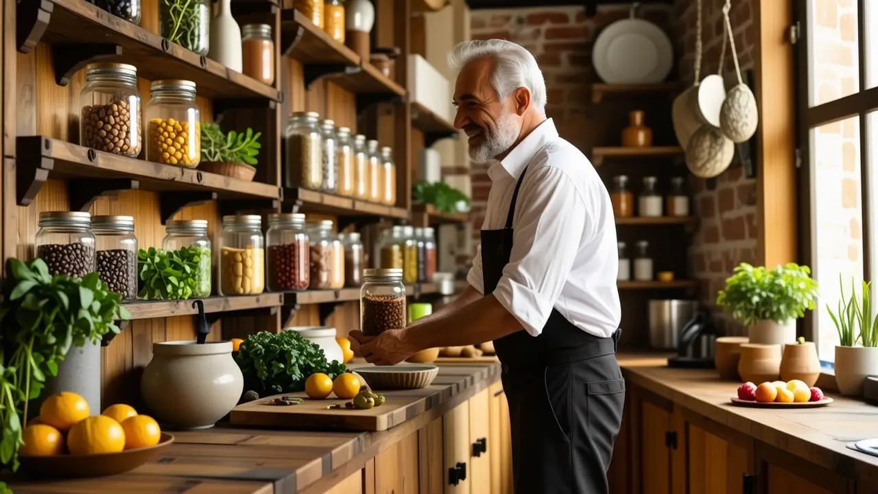 Un hombre amable en una cocina rústica