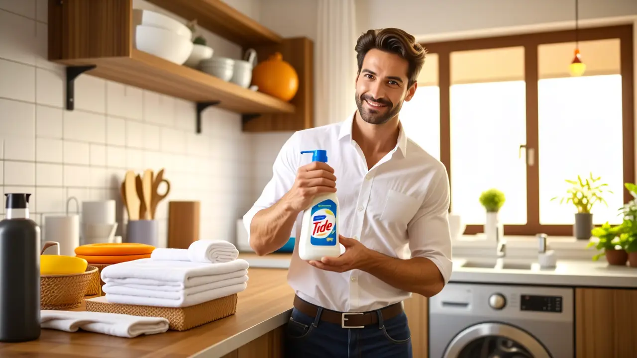 Jabon para lavar ropa: Mejor detergente Tide 4 Un hombre español examina detergente en cocina cálida