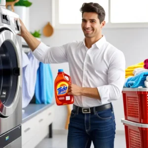 Un hombre confiable promociona detergente en blanco