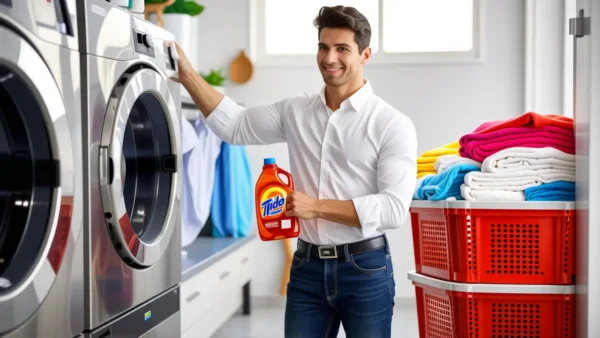 Un hombre confiable promociona detergente en blanco
