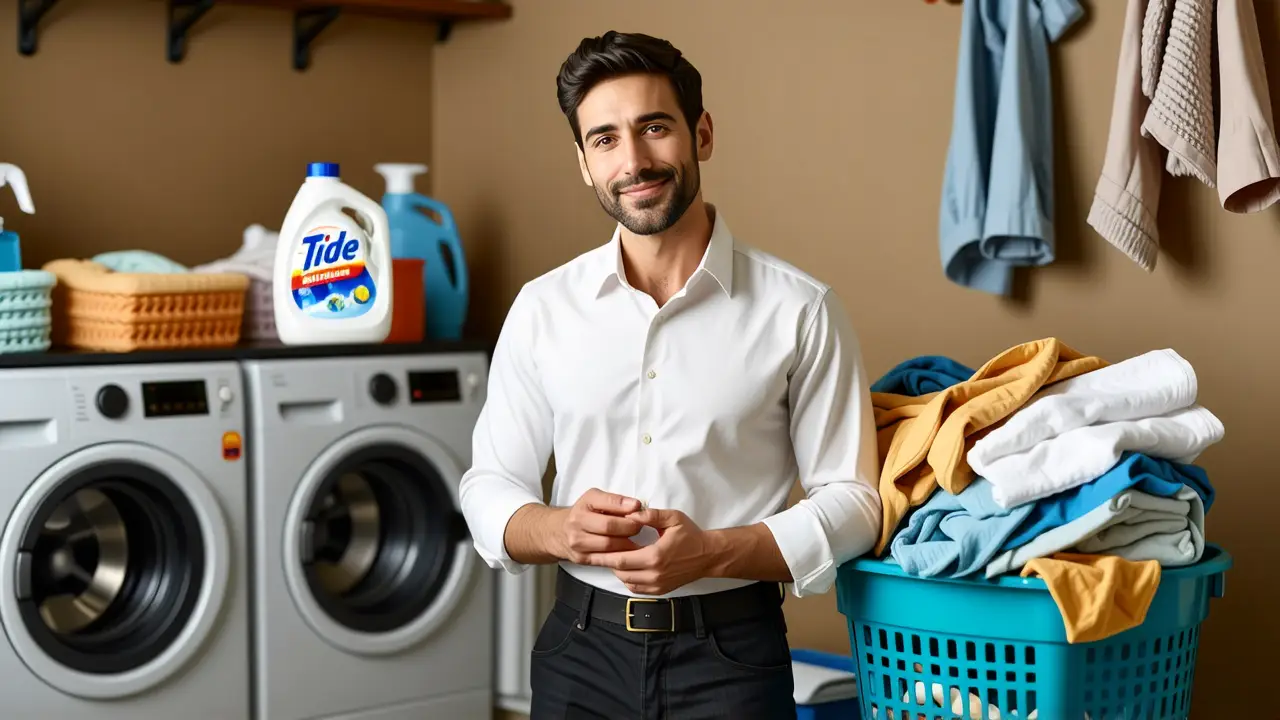 Jabon para lavar ropa: Mejor detergente Tide 3 Un hombre blanco transmite confianza con detergente