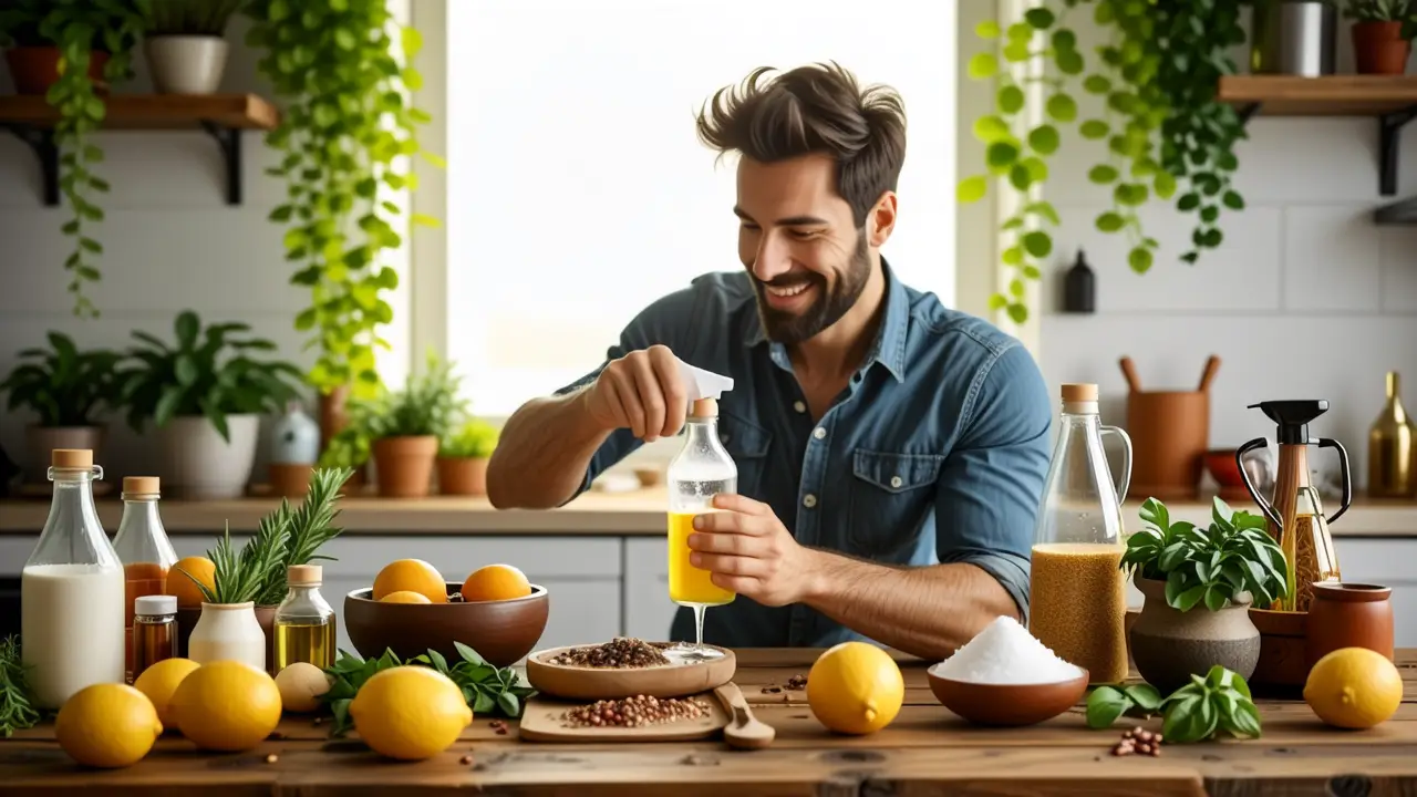 Un hombre crea limpiador casero con calidez
