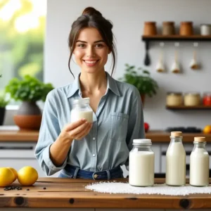 Una mujer sonríe creando detergente casero en cocina