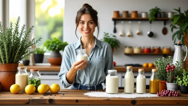 Una mujer sonríe creando detergente casero en cocina