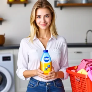 Mujer blanca sonríe en cocina familiar