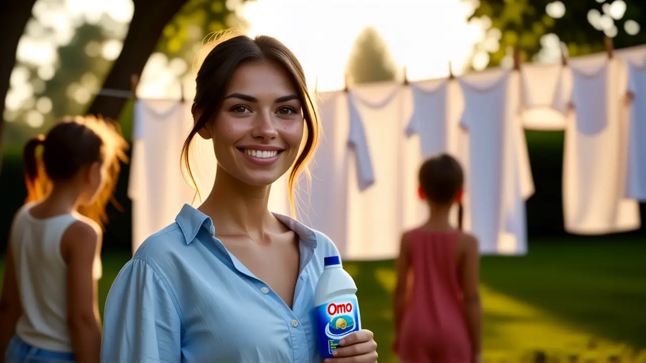 Mujer española sonriente con detergente en escena soleada