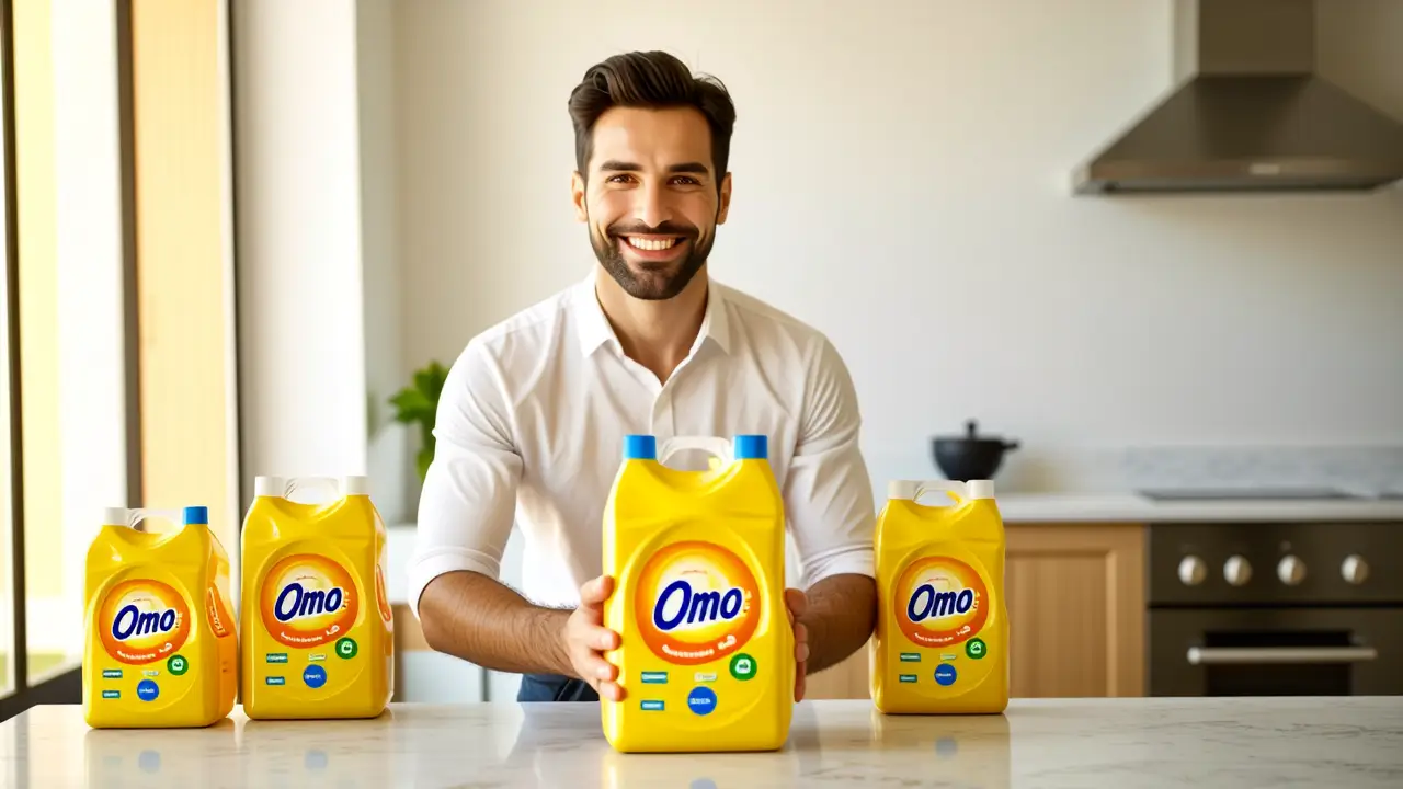 Un hombre ofrece detergente en una cocina vintage
