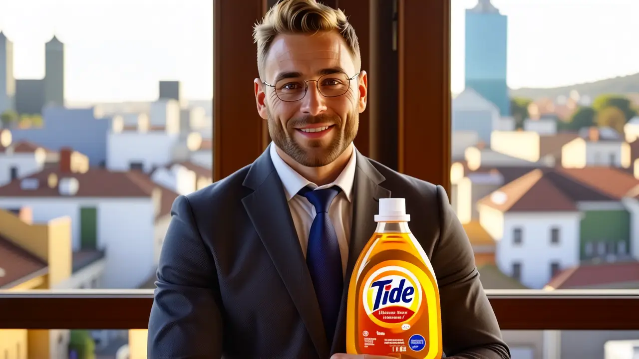 Un hombre elegante sostiene detergente en Santiago