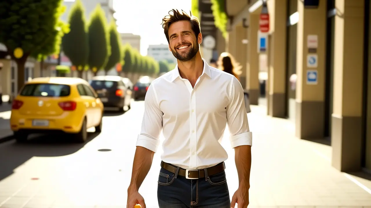 Un hombre sonriente sostiene detergente en Santiago