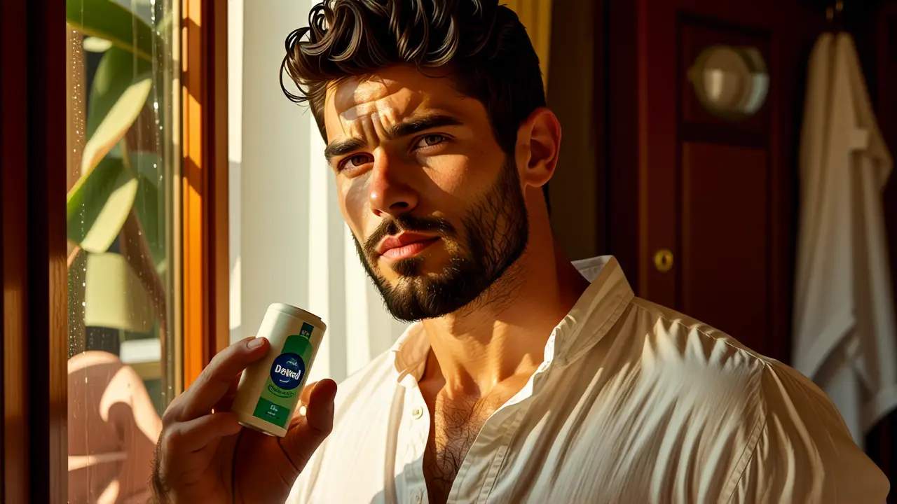 Un hombre blanco reflexivo sostiene jabón Dettol