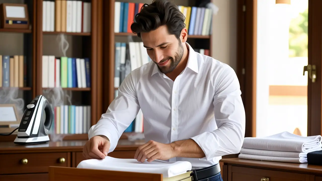 Un hombre español moderno se despliega una camisa en casa