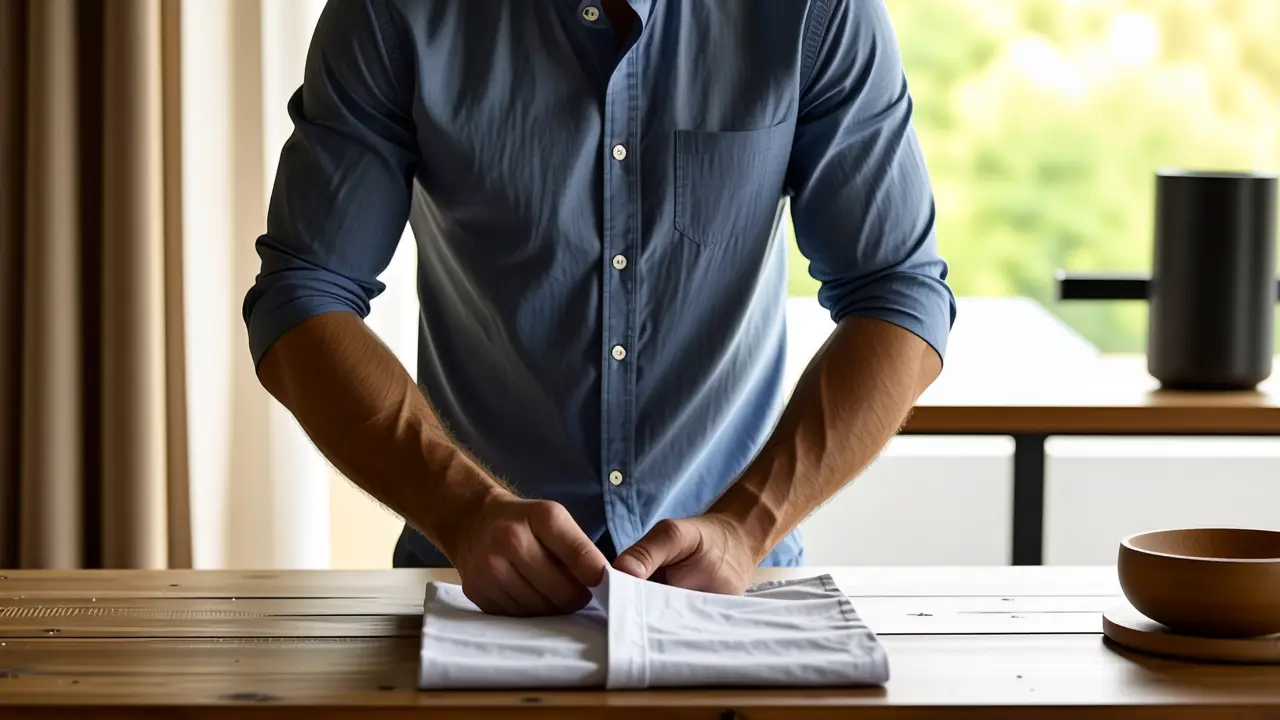 Un hombre joven enseña a doblar camisas con elegancia