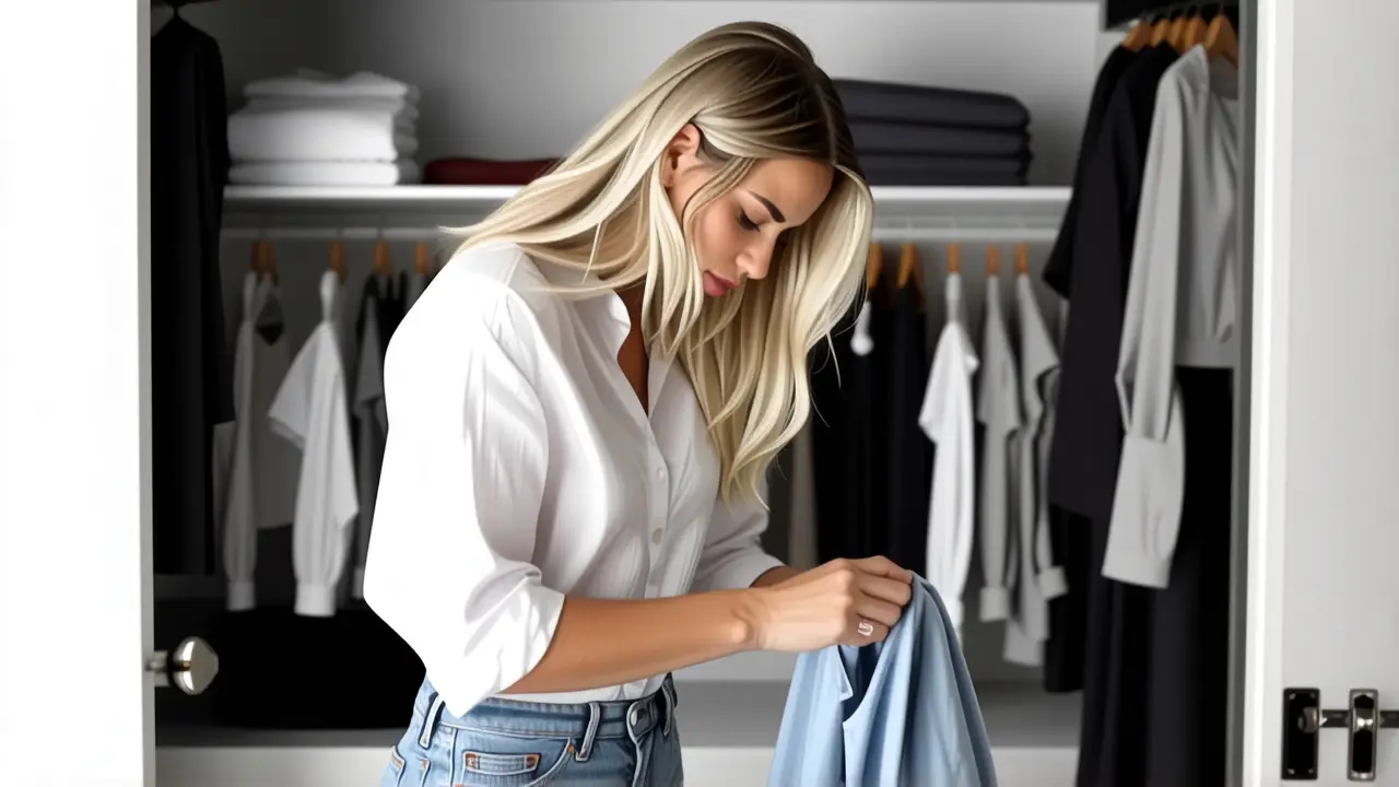 Doblar Pantalones Marie Kondo: Ahorra Espacio 3 Mujer blanca organiza ropa con calma