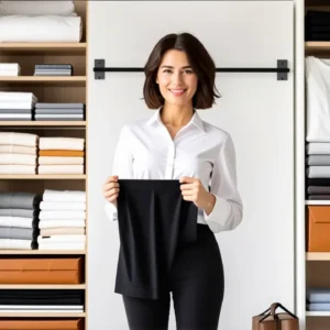 Doblar Pantalones Marie Kondo: Ahorra Espacio 13 Una mujer organizada disfruta su espacio minimalista y sereno