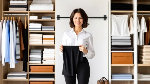 Doblar Pantalones Marie Kondo: Ahorra Espacio 1 Una mujer organizada disfruta su espacio minimalista y sereno