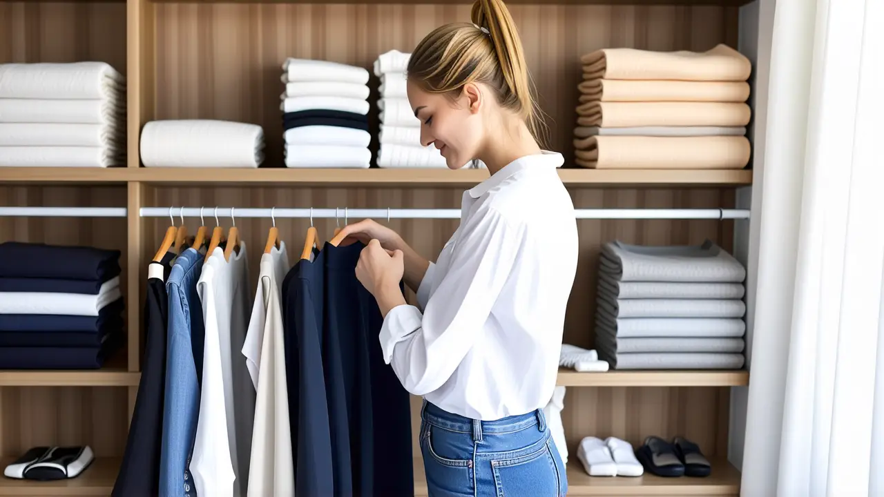 Doblar Pantalones Marie Kondo: Ahorra Espacio 5 Una mujer blanca organiza su armario con calma