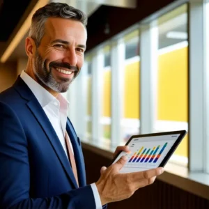 Un hombre de negocios confiado luce en oficina