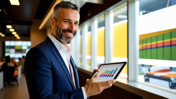 Un hombre de negocios confiado luce en oficina