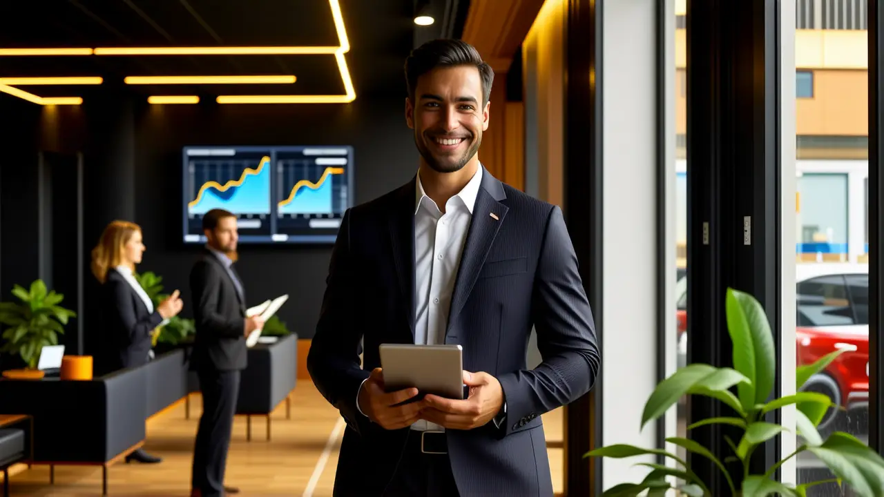 Un hombre exitoso presenta un trato en luz dramática