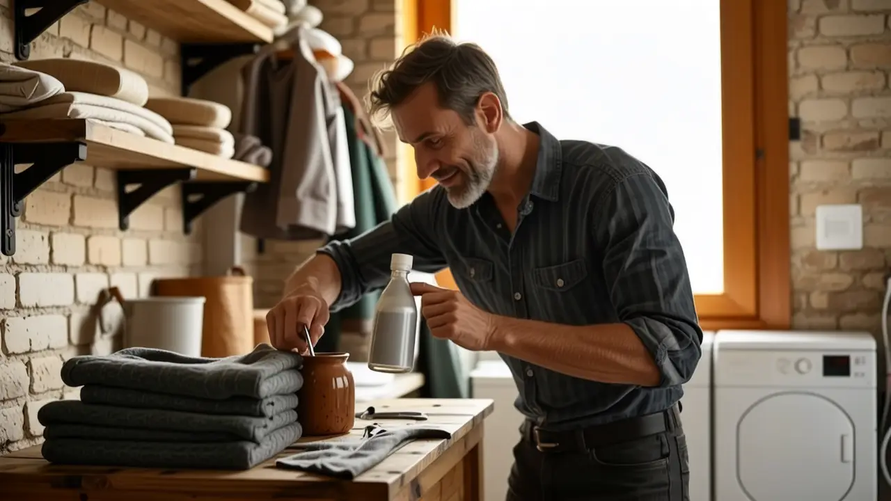 Un hombre español amable en una lavandería rústica