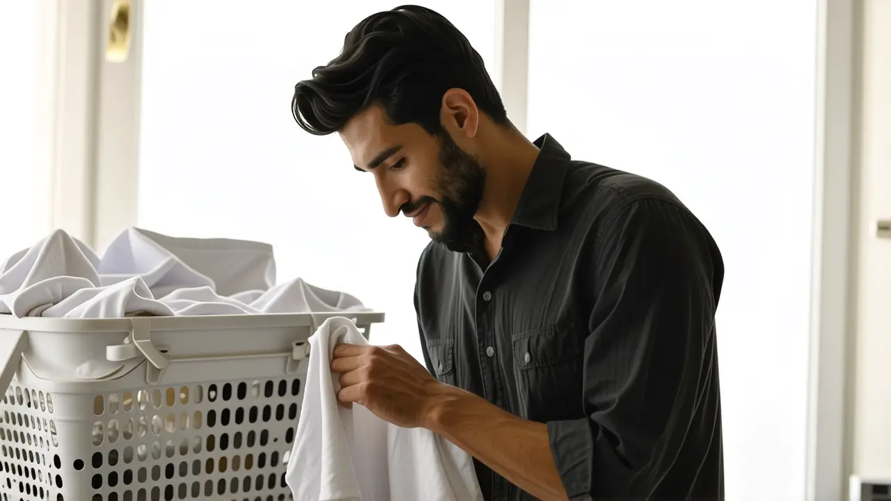 Hombre preocupado limpia ropa en luz suave