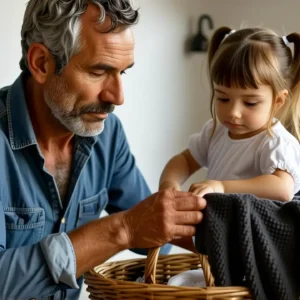 Un hombre contempla a su hija lavando ropa