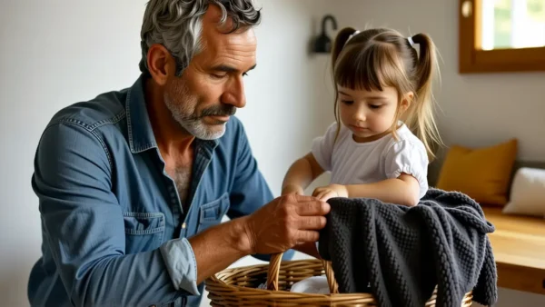 Un hombre contempla a su hija lavando ropa