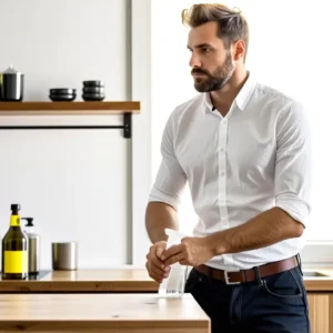Hombre pensativo en cocina