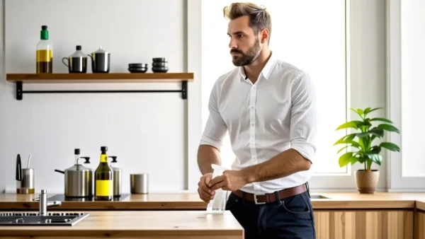 Hombre pensativo en cocina